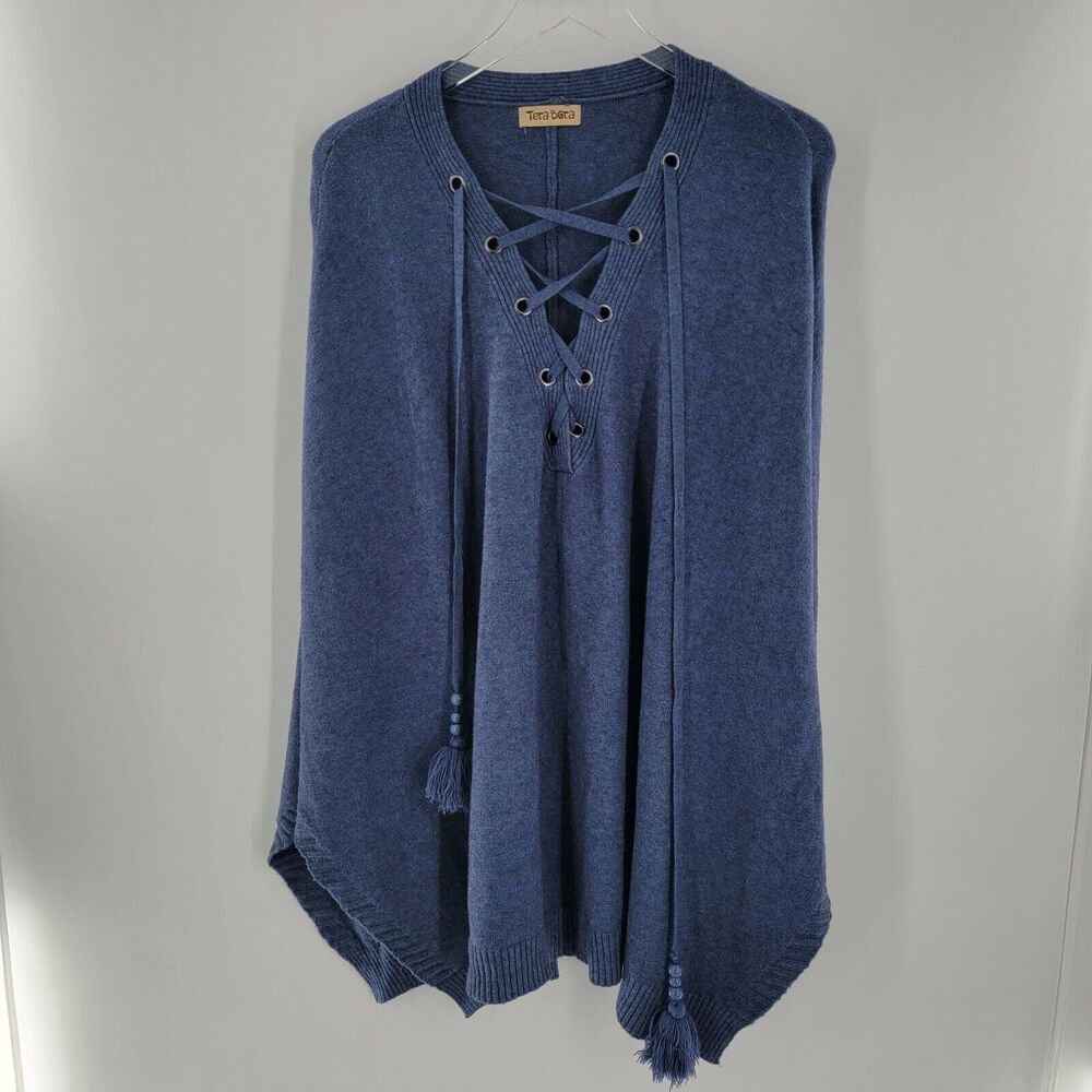 Tera Bora Poncho One Size Blue Soft Knit Gromet Criss Cross Neck Beaded Tassels